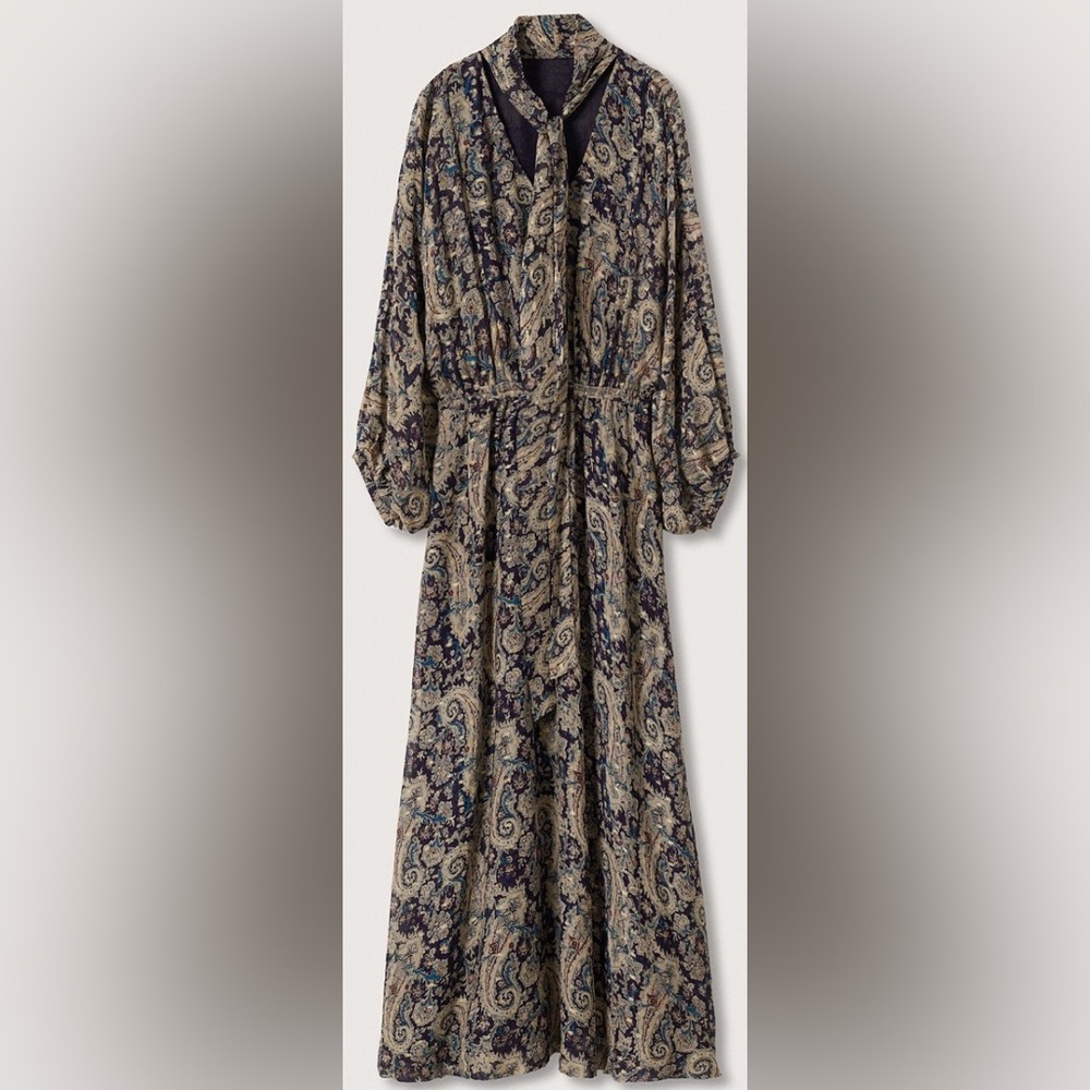 Mango Paisley Midi Dress in Navy and Cream with Blue Accents